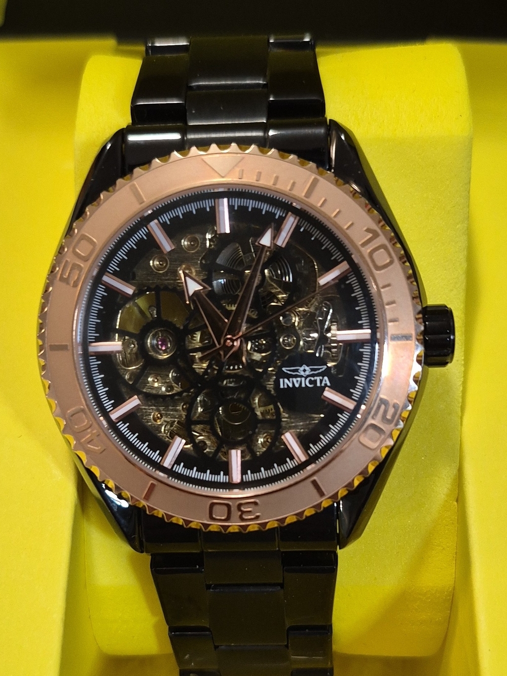 Invicta Men’s Black and Rose Gold Skeleton Bracelet Watch